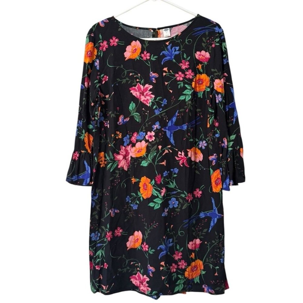 Old Navy Women Size Medium Floral Bird Sheath Dress Belle Sleeve Cottagecore